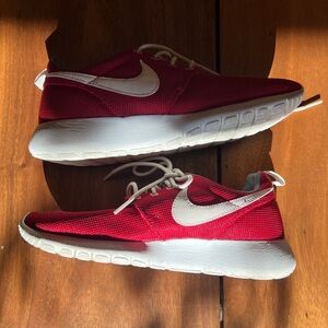 Nike Red and White Roshe Run Sneakers